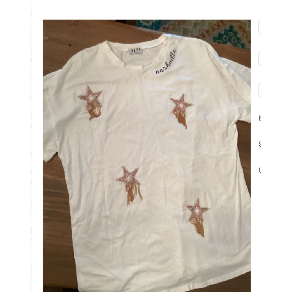 NASH CREAM OVERSIZED T SHIRT BEADED FRINGED GOLD STAR GRAPHIC  NWOT
